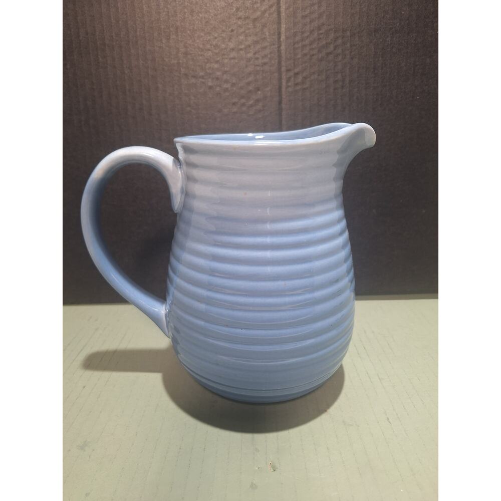Hausenware Blue Ribbed Ceramic Pitcher Vase 8” Farmhouse Cottage Decor